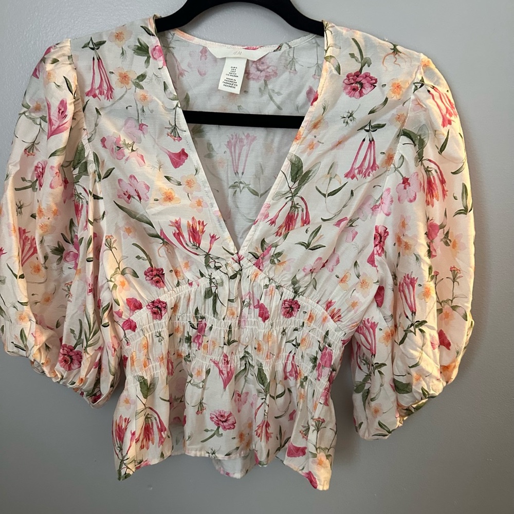 H&M Floral Puff Sleeve Blouse - Pink and Green